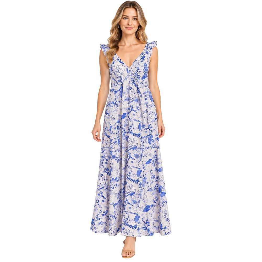 Stitchdrop Maxi Dress Womens S Blue White NEW Floral Ruffle V-Neck Empire Waist